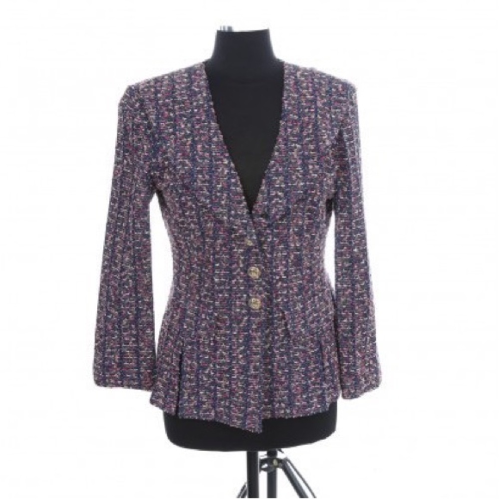 ST JOHN NAVY BLUE PINK CONFETTI FANTASY TWEED PORTRAIT COLLAR JACKET Size 10